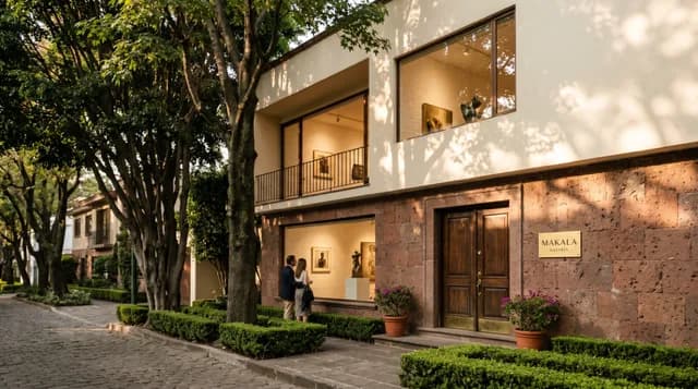 Exterior view of Makala Gallery on a tree-lined street in Mexico City.