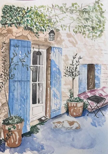 Afternoon Courtyard by Andrea Bello — watercolour of a sunlit courtyard with blue shuttered doors, potted plants, and a ginger-and-white cat resting on the ground.