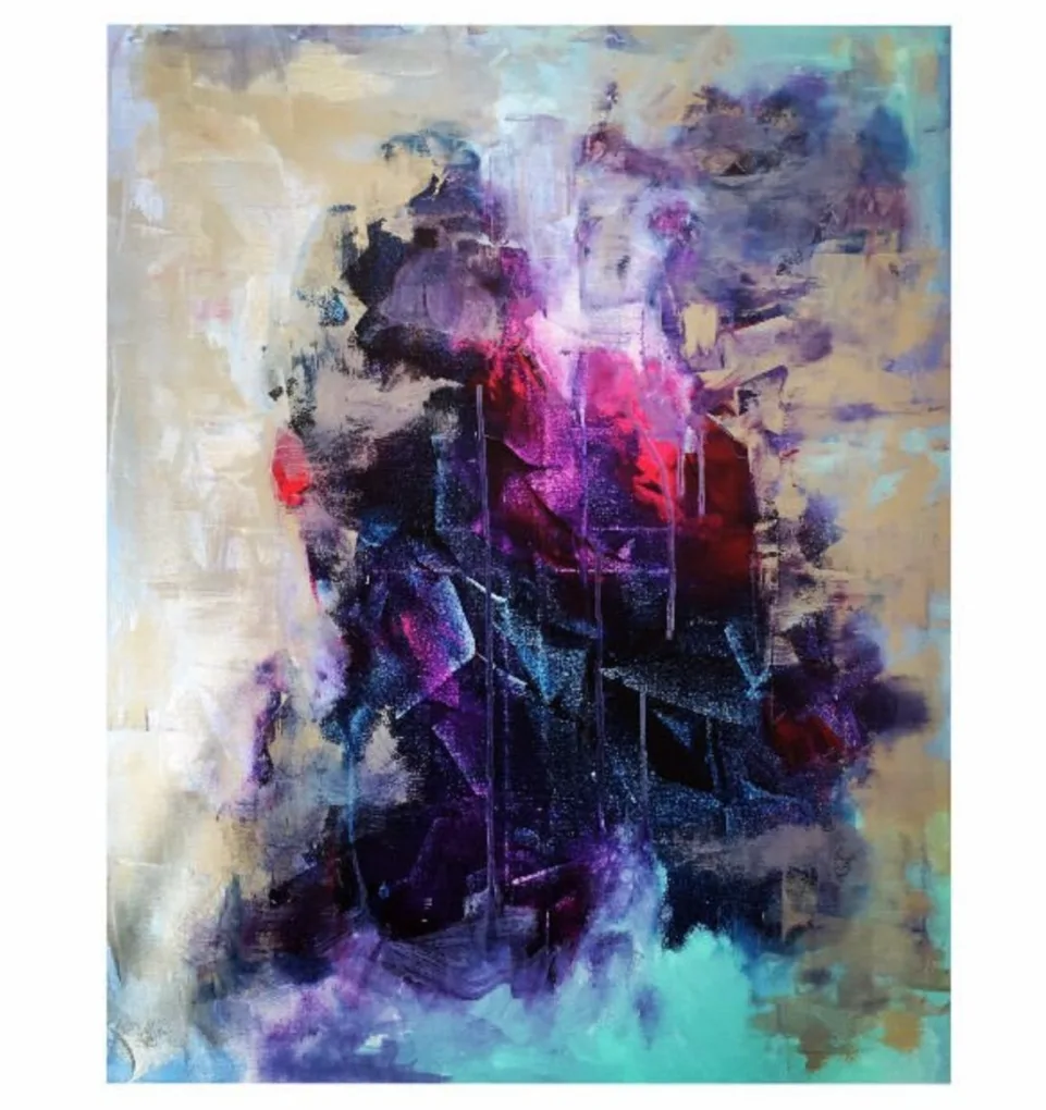 Echoes of Movement by Andrea Bello — abstract painting with a dense core of magenta, violet, and deep blue emerging from a soft cream and turquoise ground.