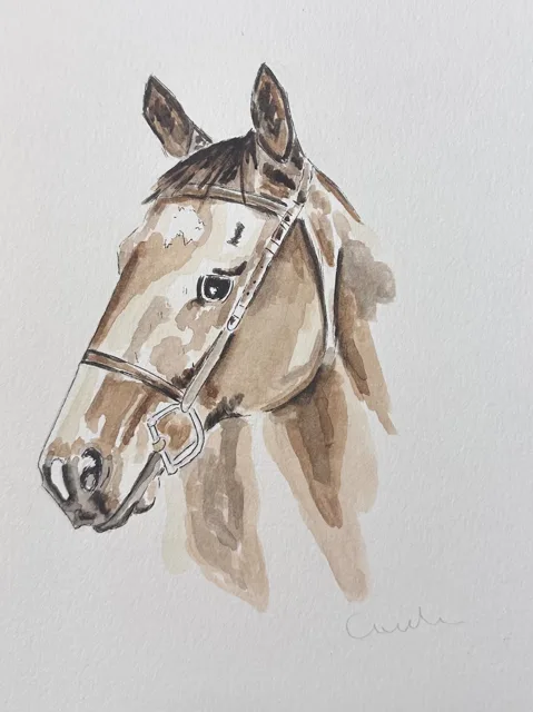 Gentle Watch by Andrea Bello — watercolour study of a bridled horse's head in soft brown tones on a pale ground.