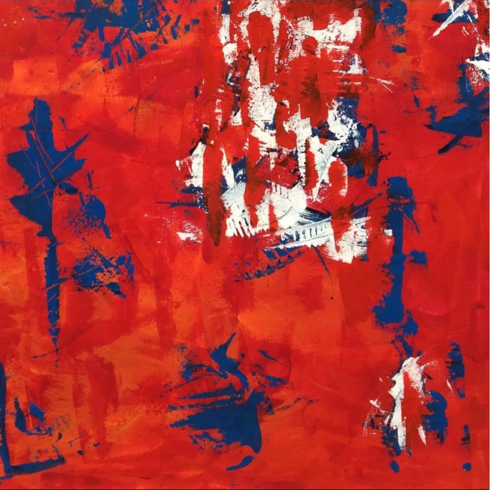 Held in Tension by Andrea Bello — square abstract painting in vivid red with gestural cobalt-blue and white brushstrokes.
