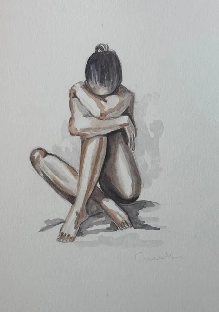 Held by Andrea Bello — watercolour of a seated figure curled forward with arms wrapped around the knees, in warm sepia tones.