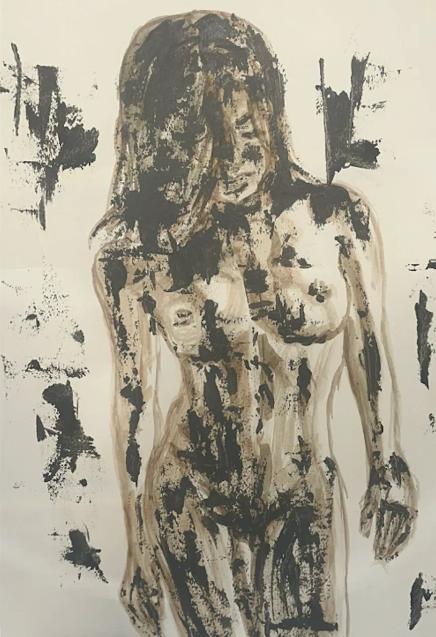 Presence by Andrea Bello — ink and wash figurative painting of a standing figure rendered in loose black and sepia brushstrokes on cream.