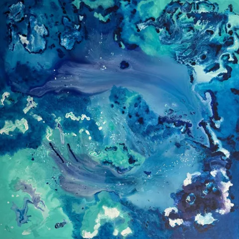 Soft Currents by Andrea Bello — square abstract painting of marbled blue, teal, and green currents flecked with white.