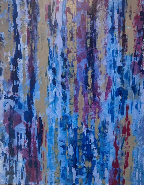 Soft Tensions by Andrea Bello — vertical abstract painting of layered blue, violet, gold, and crimson streaks.