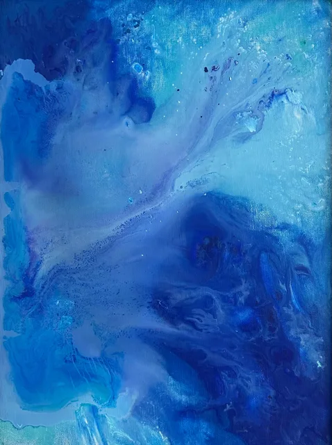 Still Water by Andrea Bello — vertical abstract painting of swirling deep blue and turquoise water lit by soft white.