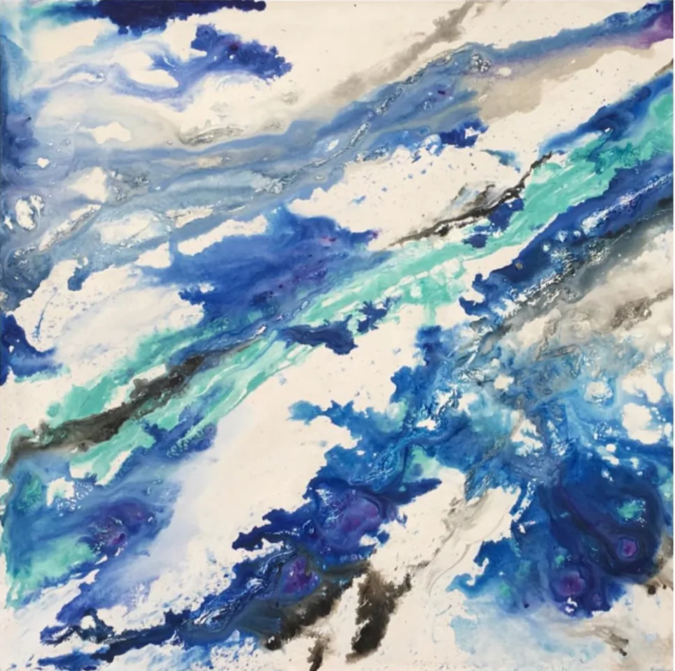 Tidal Drift by Andrea Bello — square abstract painting of blue, turquoise, and green tidal currents drifting across a white ground.