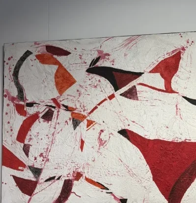Abstracto con Textura Blanca by Diego Cortina, a textured white abstraction crossed by red, black, and rust geometric marks.