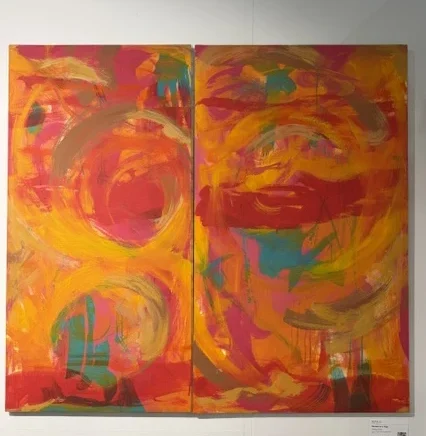 Fleeting Furrows by Mariana de la Vega, a vivid orange, red, pink, and turquoise abstract diptych.
