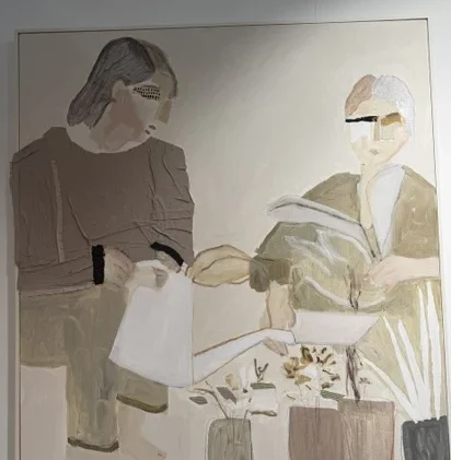 Fibers of Being II by Raquel Barrios, a large mixed-media scene of two figures tending plants in a muted palette.