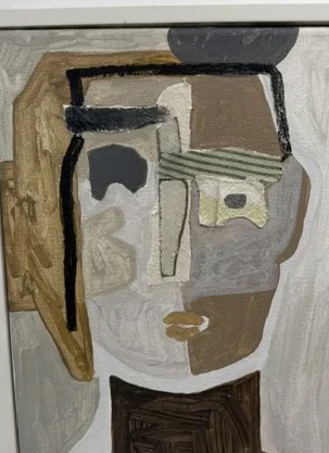 Inhabiting the Fragment III by Raquel Barrios, a small mixed-media portrait built from layered grey, cream, brown, and black forms.
