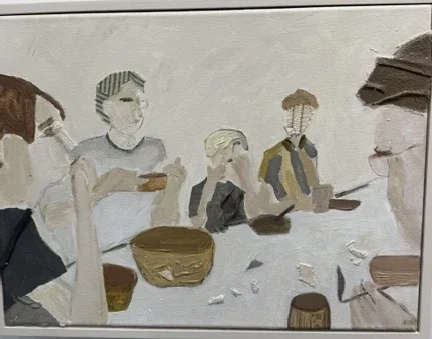 Table Tales IV by Raquel Barrios, a mixed-media scene of figures gathered around a table in soft neutral tones.