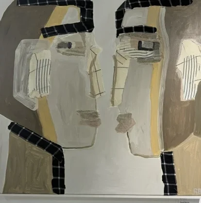 To Be Created II (Crearse II) by Raquel Barrios, a square mixed-media painting of two facing figures in muted neutral tones.