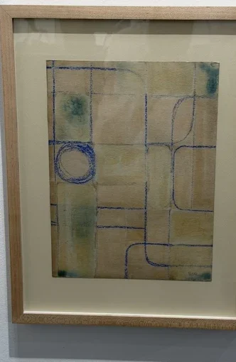 Blueprints 05 by Sofia Barroso, a framed geometric cyanotype traced with blue lines over a muted ochre ground.