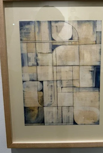 Blueprints 06 by Sofia Barroso, a framed geometric cyanotype of layered cream, tan, and deep blue forms.