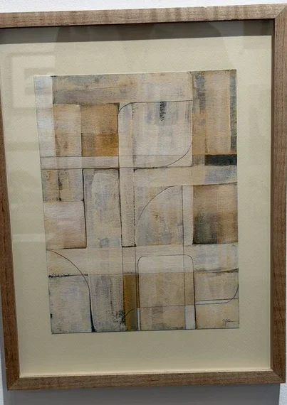 Blueprints 08 by Sofia Barroso, a framed geometric cyanotype of layered cream, ochre, and blue rectilinear forms.