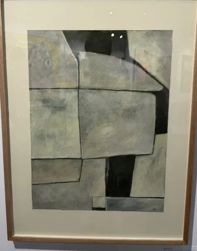 Meditations - Sand by Sofia Barroso, a framed geometric abstraction in soft grey, charcoal, olive, and sand tones.