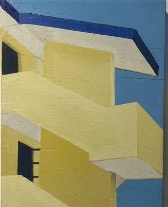 Untitled 2023 oil painting by Verónica Rodríguez of pale geometric balconies against a blue sky.