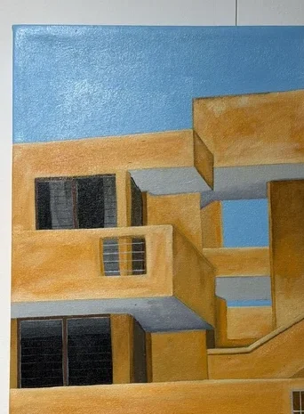 Untitled 2025 oil painting by Verónica Rodríguez of an ochre architectural courtyard beneath a clear blue sky.