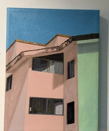 Untitled 2026 oil painting by Verónica Rodríguez of a pink and mint modernist facade beneath a blue sky.