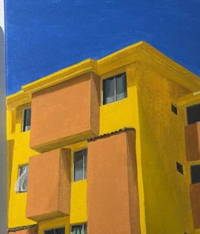Untitled 2026 oil painting by Verónica Rodríguez of a yellow and terracotta apartment facade against a saturated blue sky.