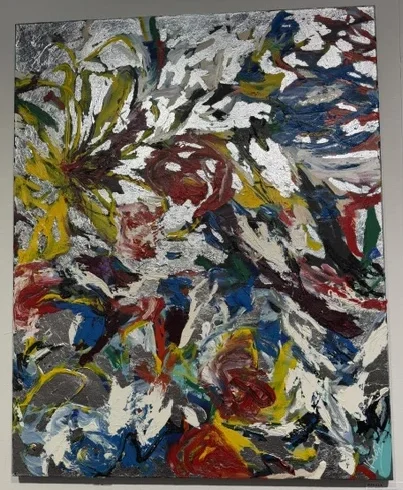 Colores by Verónica Villarreal Sada, a richly textured acrylic abstraction in white, green, red, blue, and yellow.
