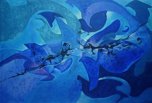 Untitled work by Diego Cortina — billowing blue cloud-like forms threaded with black gestural lines, geometric shapes dissolving into weightless movement.