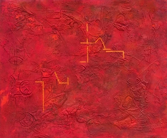 Untitled work by Diego Cortina — a deep red, heavily textured composition with yellow stepped geometric lines and incised markings across the surface.