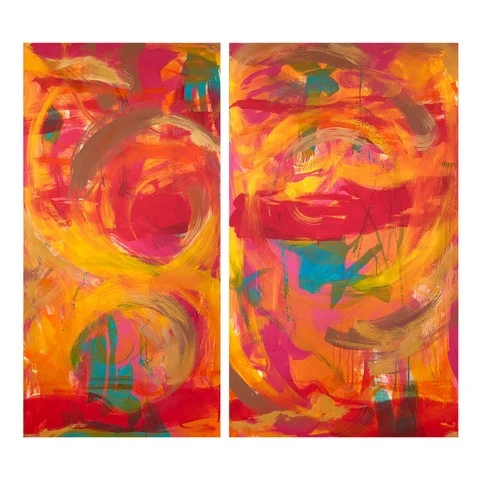 Untitled diptych by Mariana De la Vega — two abstract panels of warm orange, magenta, and yellow tones with circular, swirling gestures of light.