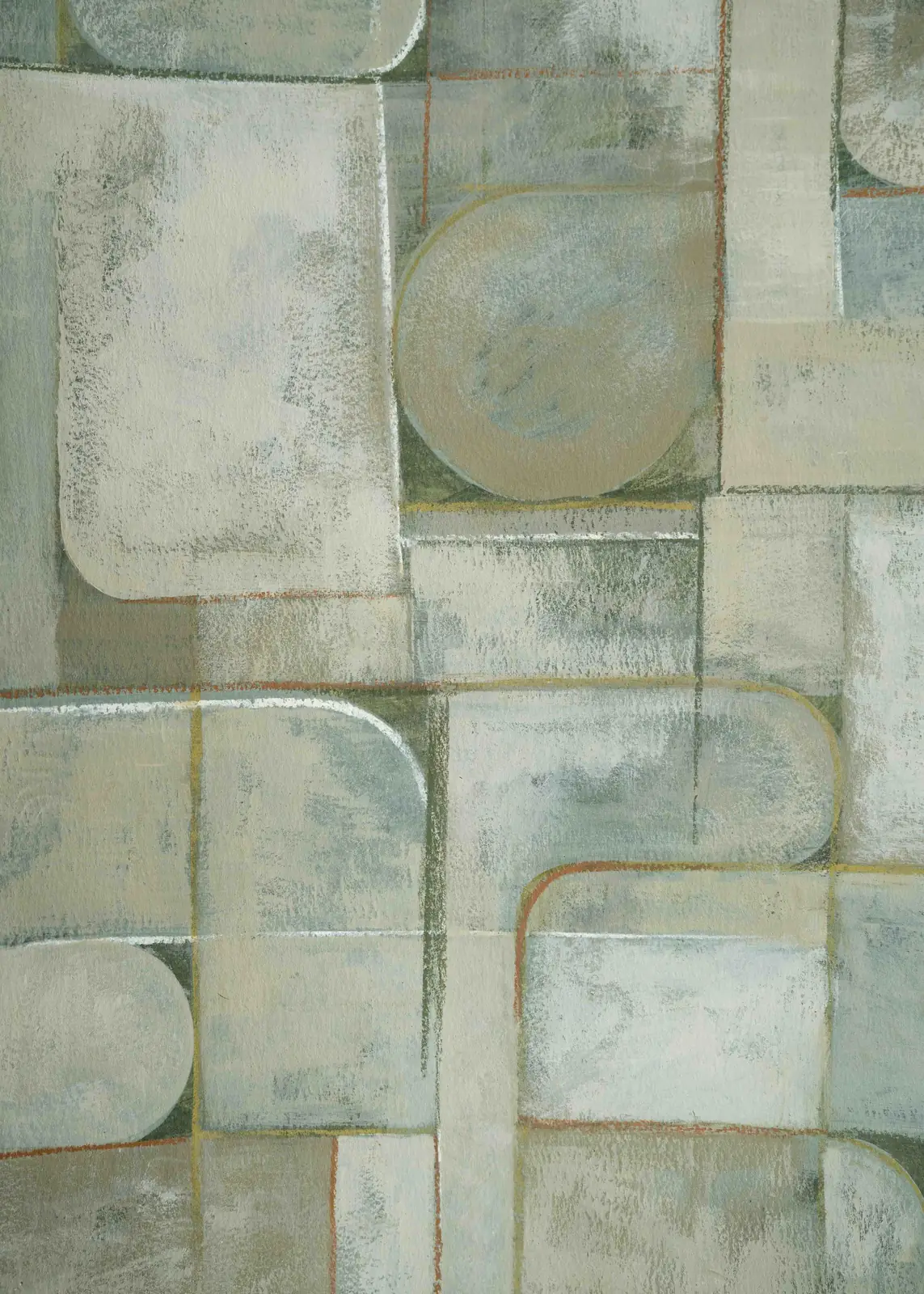 Meditation II by Sofia Barroso, a soft grey-green and cream geometric composition with a circular form among layered rounded shapes.