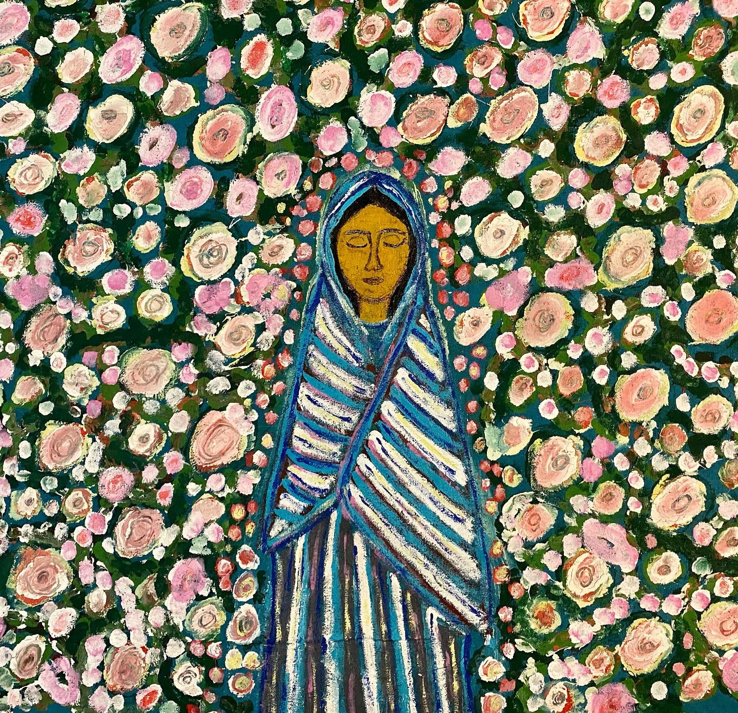Acrylic painting on jute of a serene figure in a blue mantle surrounded by pink and white flowers.