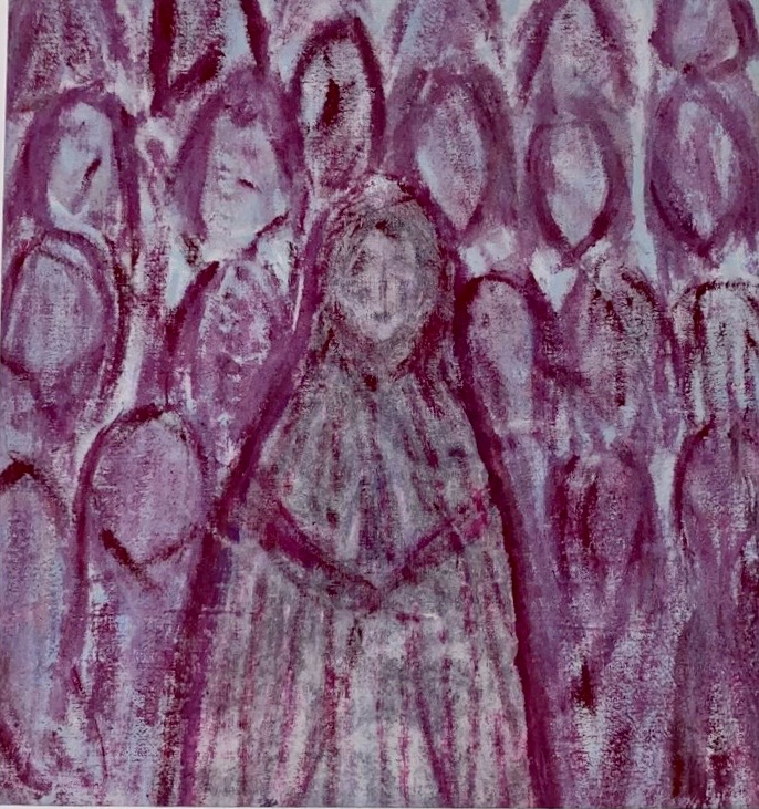 Purple-toned acrylic painting on jute of a serene feminine figure surrounded by abstract floral forms.