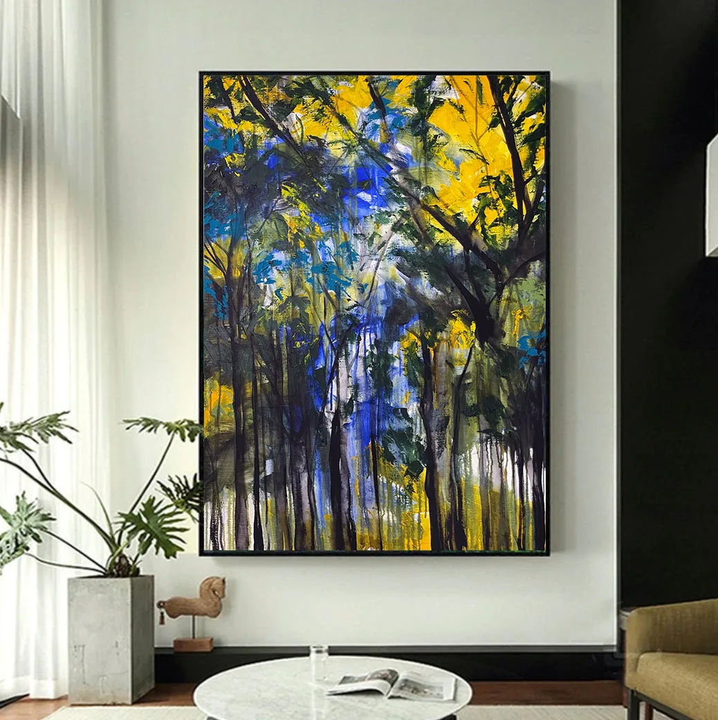 Black Forest by Verónica Villarreal Sada, a forest-like abstract painting with black, yellow, and blue vertical gestures.