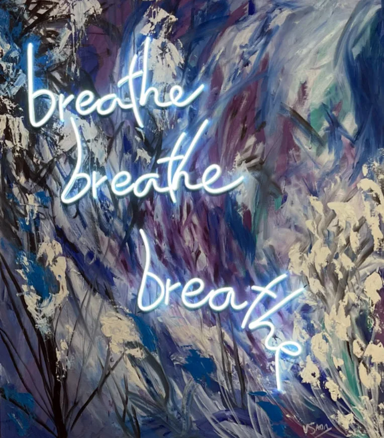 Breathe by Verónica Villarreal Sada, an abstract painting in deep blue, yellow, and green tones.