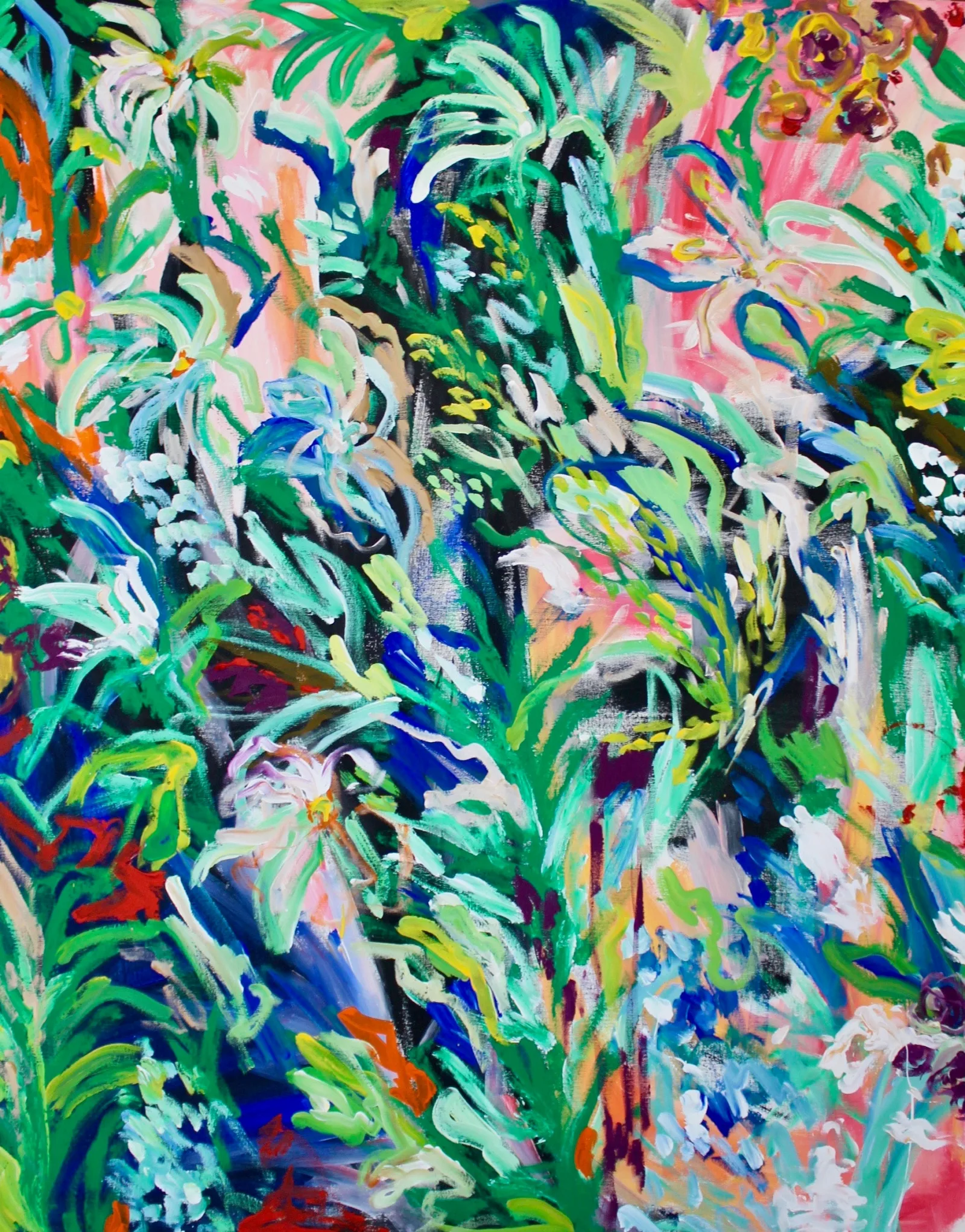 Esperanza by Verónica Villarreal Sada, an expressive botanical abstract painting in green, pink, and blue.