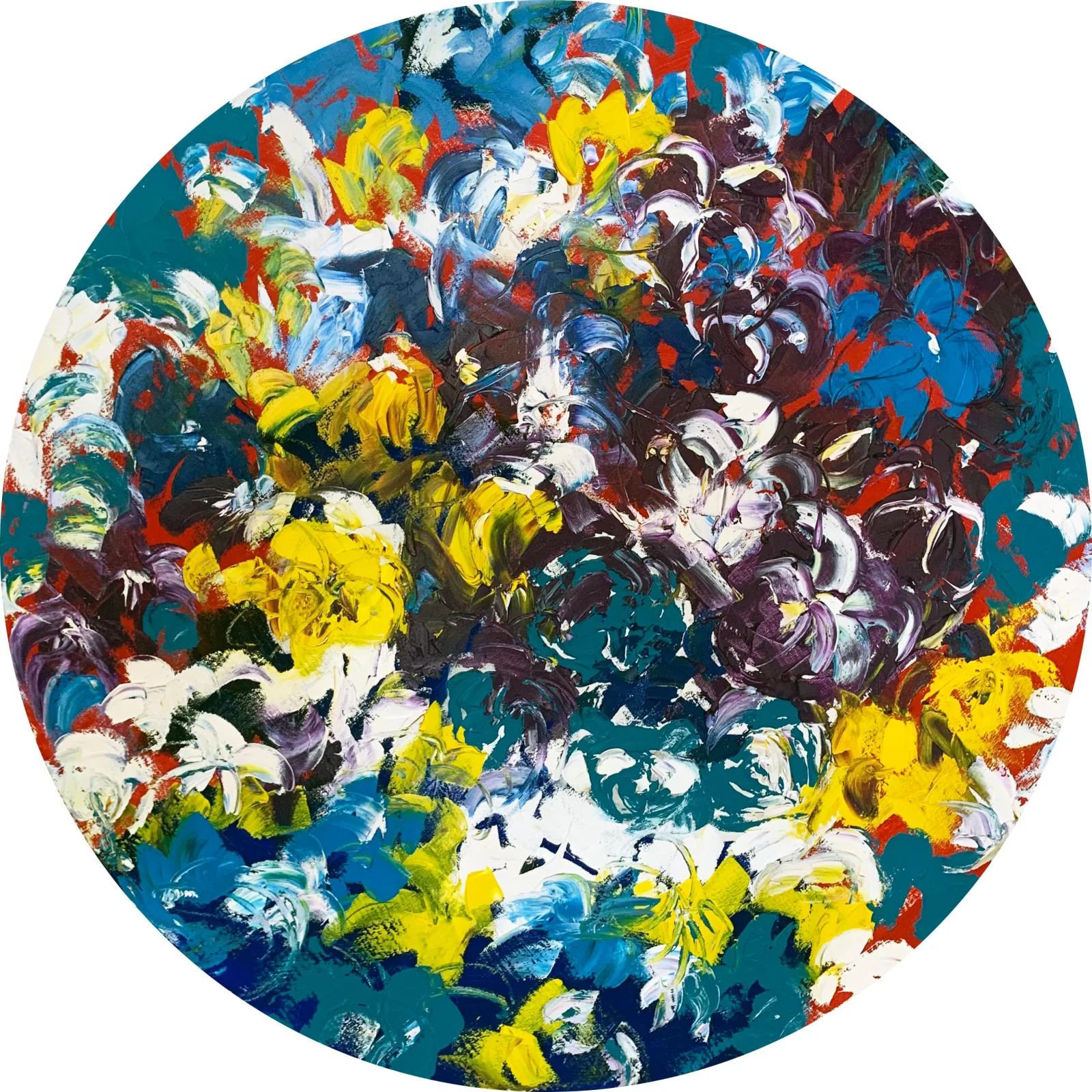 Paraiso by Verónica Villarreal Sada, a circular floral painting with pink, green, and warm-toned petals.