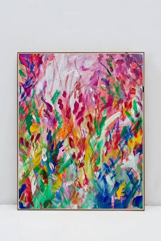Primavera by Verónica Villarreal Sada, a vertical green and pink floral abstract painting.