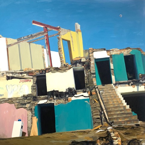 Painting of a weathered urban facade with teal doors, exposed stairways, and a vivid blue sky.