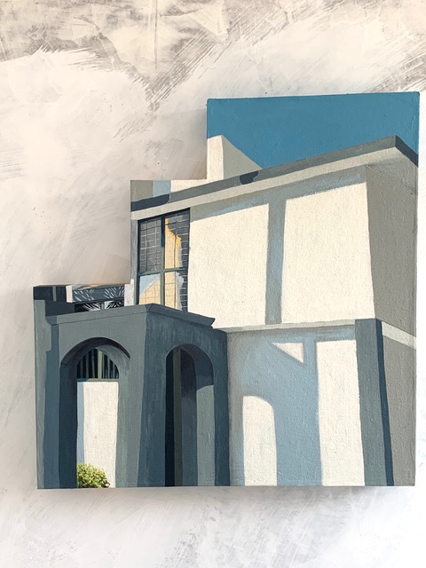 Painting of a pale geometric building with deep blue archways and sharp sunlit planes.