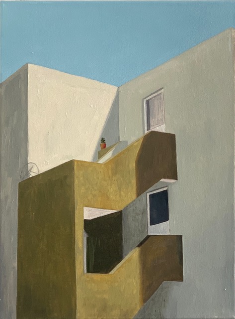 Painting of an angular ochre and cream facade with strong shadows against a clear sky.