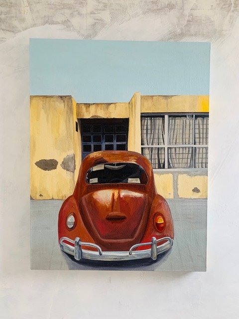 Painting of a red Volkswagen parked before a yellow building with a gridded window.