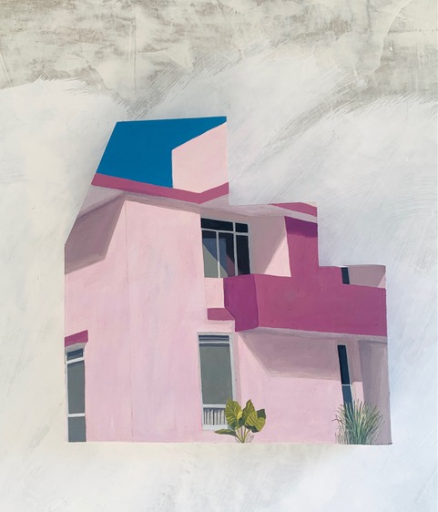 Painting of a pink modernist facade with layered geometric forms and a bright blue roofline.