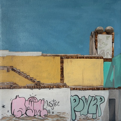 Painting of a yellow rooftop wall marked with graffiti under a saturated blue sky.