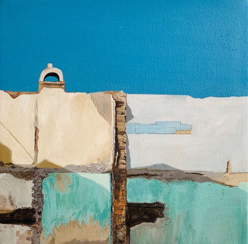 Painting of a white and aqua wall with a small bell tower and distant horizon beneath a blue sky.